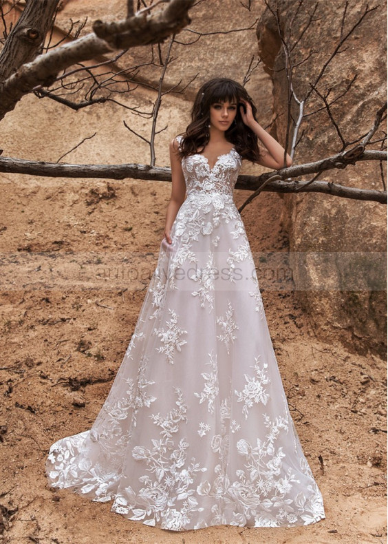 Ivory Embroidery Lace Tulle Deep V Back Chic Wedding Dress